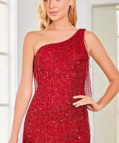 SCALA 60307 - One-Shoulder Sleeve Sequin Cocktail Dress