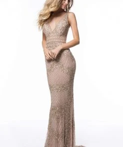 Sherri Hill - 51475 Beaded Deep V-neck Fitted Dress With Train