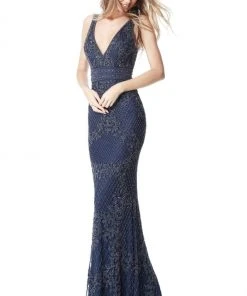 Sherri Hill - 51475 Beaded Deep V-neck Fitted Dress With Train