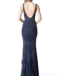 Sherri Hill - 51475 Beaded Deep V-neck Fitted Dress With Train