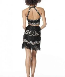 Sherri Hill - 51476 Beaded Two Piece Halter Fringe Fitted Dress