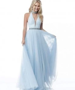 Sherri Hill - 51637 Sequined Deep Halter V-neck Chiffon A-line Dress