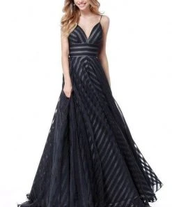 Sherri Hill - 51644 Striped V-Neck A-Line Gown With Train