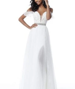 Sherri Hill - 51656 Plunging Off-Shoulder A Line Beaded Dress