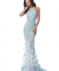 Sherri Hill - 51660 Floral Applique Halter Trumpet Dress