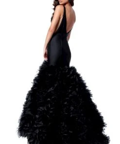 Sherri Hill - 51678 Deep V-Neck Ruffled Tulle Mermaid Dress