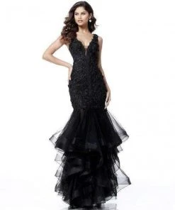 Sherri Hill - 51683 Lace Deep V-neck Ruffle Tulle Mermaid Dress