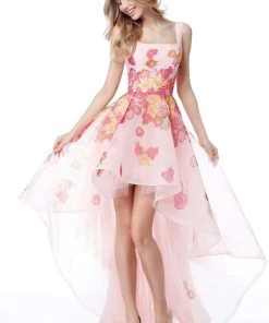 Sherri Hill - 51684 Square Neck Floral Organza High Low A-Line Dress