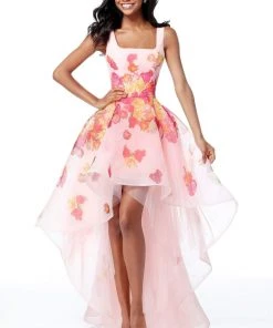Sherri Hill - 51684 Square Neck Floral Organza High Low A-Line Dress