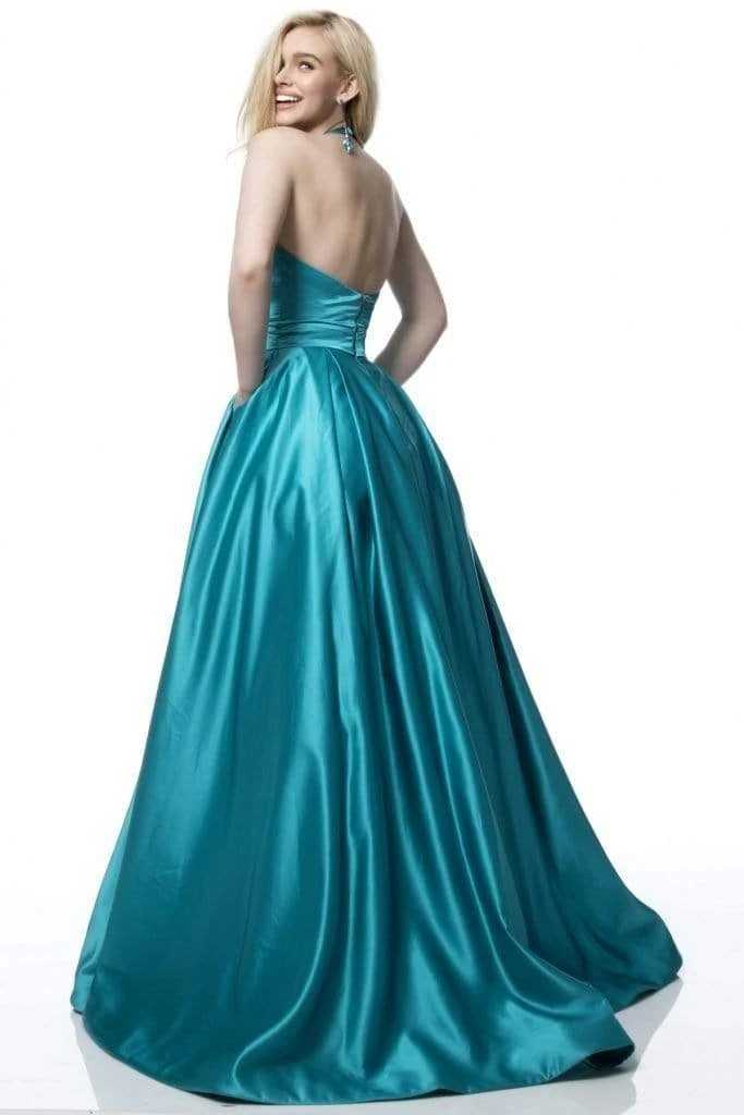 Sherri Hill - 51729 Deep V Neck Halter Bodice Satin Ballgown 6 Sherri Hill - 51729 Deep V Neck Halter Bodice Satin Ballgown