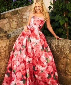 Sherri Hill - 51792 Strapless Floral Print Taffeta Ballgown