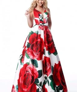 Sherri Hill - 51888 Floral Print Deep V-Neck Ballgown