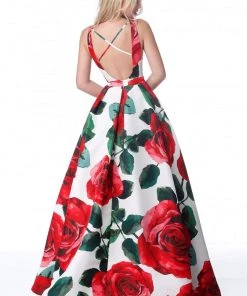 Sherri Hill - 51888 Floral Print Deep V-Neck Ballgown