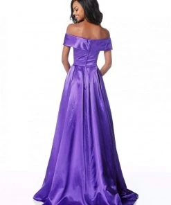 Sherri Hill - 51892 Off Shoulder High Slit Satin A-Line Dress