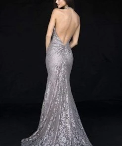 Sherri Hill - 51894 Metallic Lace Halter Trumpet Dress