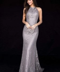 Sherri Hill - 51894 Metallic Lace Halter Trumpet Dress