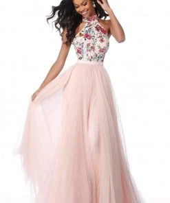 Sherri Hill - 51908 Floral Appliqued High Halter A-Line Dress