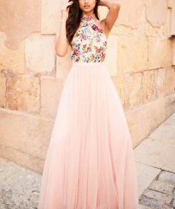 Sherri Hill - 51908 Floral Appliqued High Halter A-Line Dress