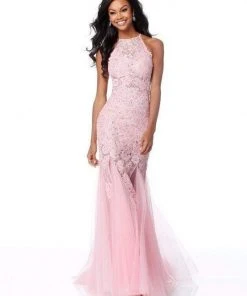 Sherri Hill - 51913 Lace Applique Halter Tulle Trumpet Dress