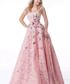 Sherri Hill - 51929 Strapless Lace Floral Applique Ballgown