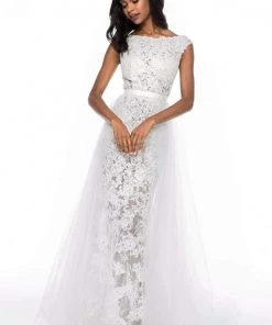 Sherri Hill - 51936 Lace Bateau Sheath Dress With Tulle Overskirt