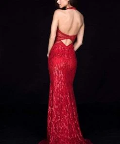 Sherri Hill - 51948 Beaded Deep Halter V-neck Trumpet Dress