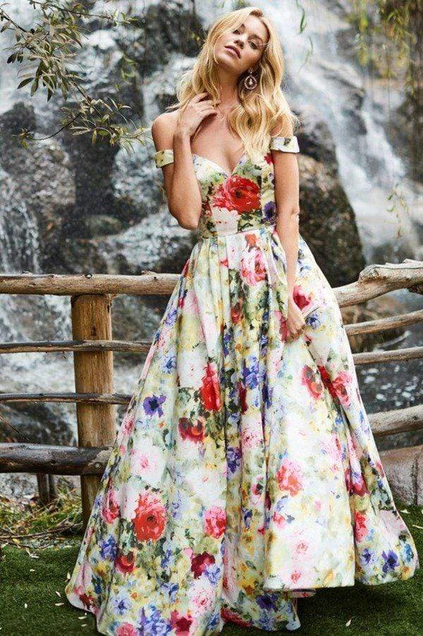 Sherri Hill - 52004 Off-Shoulder Satin Floral Print Ballgown 5 Sherri Hill - 52004 Off-Shoulder Satin Floral Print Ballgown
