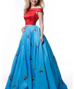 Sherri Hill - 52030 Cap Sleeve Satin Cherry Print Ballgown 16 Sherri Hill - 52030 Cap Sleeve Satin Cherry Print Ballgown
