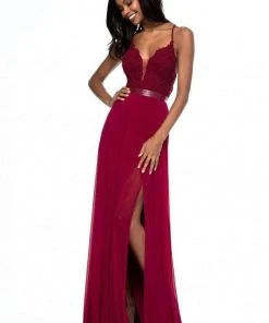 Sherri Hill - 52034 Lace Deep V-neck Chiffon Sheath Dress 18 Sherri Hill - 52034 Lace Deep V-neck Chiffon Sheath Dress
