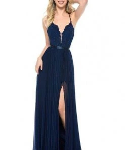 Sherri Hill - 52034 Lace Deep V-neck Chiffon Sheath Dress