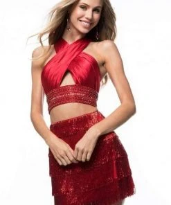 Sherri Hill - 52086 Two Piece Beaded Fringe Fitted Dress