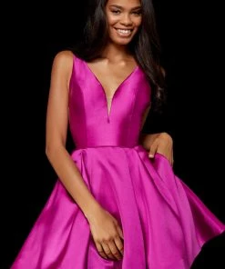 Sherri Hill - 52179 Illusion Deep V Bodice Satin Short A-Line Dress