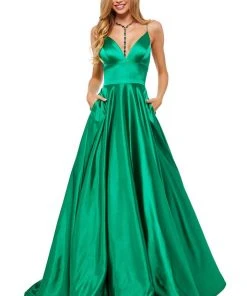Sherri Hill - 52195 V Neck Spaghetti Straps A-Line Satin Dress