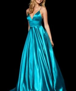 Sherri Hill - 52195 V Neck Spaghetti Straps A-Line Satin Dress
