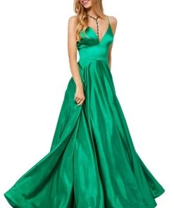 Sherri Hill - 52195 V Neck Spaghetti Straps A-Line Satin Dress