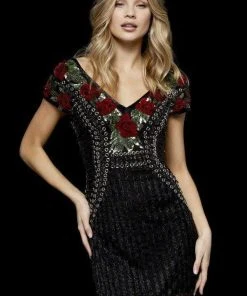 Sherri Hill - 52209 Beaded Wide V-neck Sheath Cocktail Dress