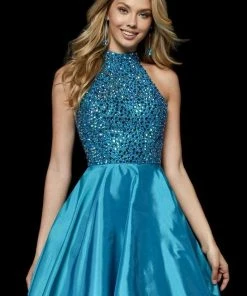 Sherri Hill - 52285 Beaded Halter Cutout Taffeta A Line Dress