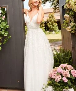 Sherri Hill - 52342 Beaded Lace Deep V-neck Long A-line Dress