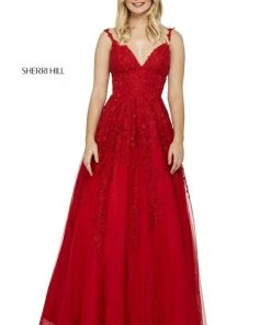 Sherri Hill - 52342 Beaded Lace Deep V-neck Long A-line Dress