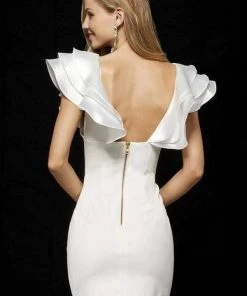 Sherri Hill - 52359 Ruffled Cap Sleeve Deep V-neck Mikado Dress