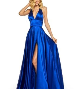 Sherri Hill - 52408 Halter V-Neck Satin Dress With High Slit