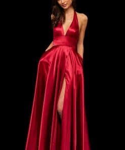 Sherri Hill - 52408 Halter V-Neck Satin Dress With High Slit