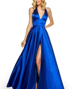 Sherri Hill - 52408 Halter V-Neck Satin Dress With High Slit