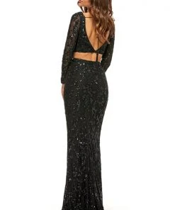 Sherri Hill - 52459 Beaded Long Sleeve Fitted High Slit Dress