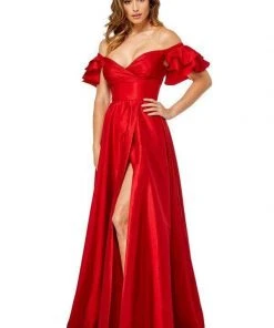 Sherri Hill - 52469 Ruffled Off-Shoulder Dress With Slit