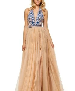 Sherri Hill - 52475 Embroidered V-Neck Beaded High Slit Dress