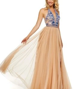 Sherri Hill - 52475 Embroidered V-Neck Beaded High Slit Dress 14 Sherri Hill - 52475 Embroidered V-Neck Beaded High Slit Dress