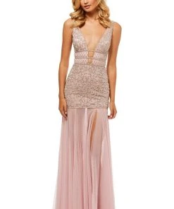 Sherri Hill - 52536 Plunging V-Neck Beaded Bodice Trumpet Dress