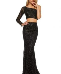 Sherri Hill - 52555 Single Shoulder Asymmetric Neck Feathered Dress