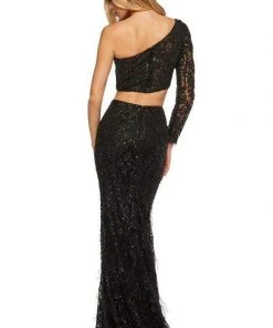 Sherri Hill - 52555 Single Shoulder Asymmetric Neck Feathered Dress